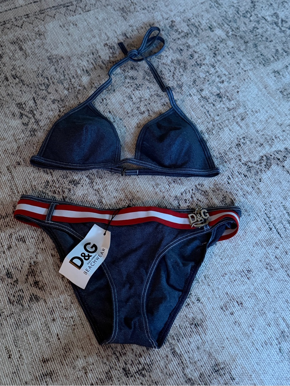 Dolce & Gabbana Navy Bikini with Red & White Stripe Waistband